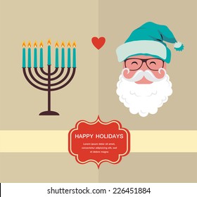 happy Hanukkah and happy holidays. Jewish menorah and Xmas Santa