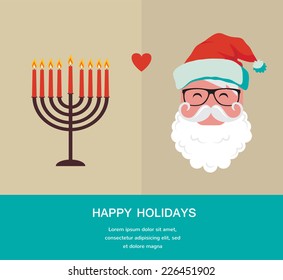 happy Hanukkah and happy holidays. Jewish menorah and Xmas Santa