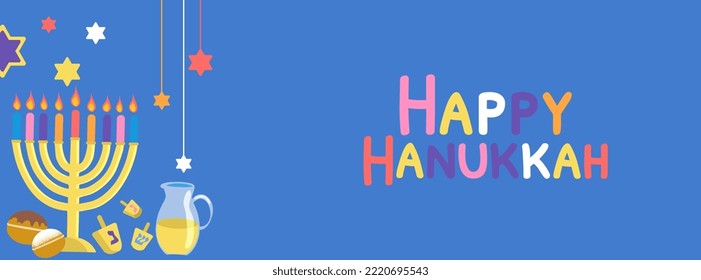 Happy Hanukkah horizontal background with copy space for text. Web banner with menorah, David stars, sufganiyah, dreidel on blue backdrop Flat style vector illustration 