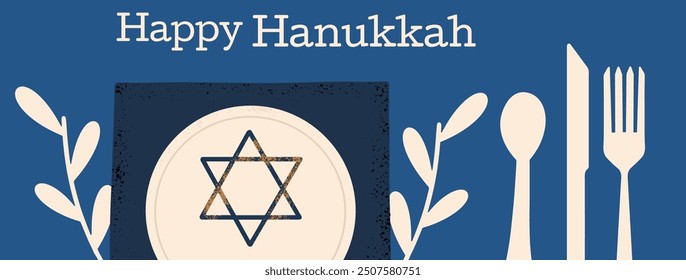 Happy Hanukkah horizontal background with David Star and cutlery. Vector hand draw celebration banner. 