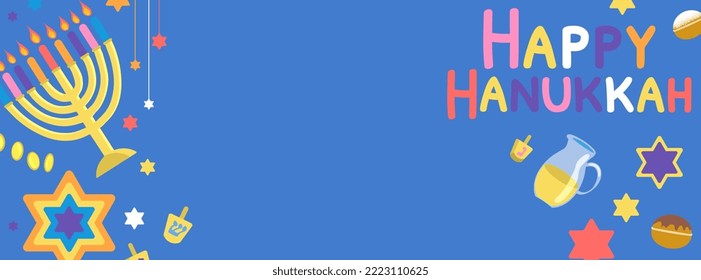 Happy Hanukkah horizontal background. Web banner with menorah, David stars, sufganiyah, dreidel on blue backdrop. Vector illustration in flat cartoon style 