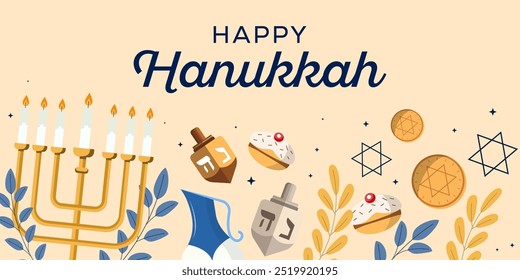 happy hanukkah horizontal banner illustration in flat design