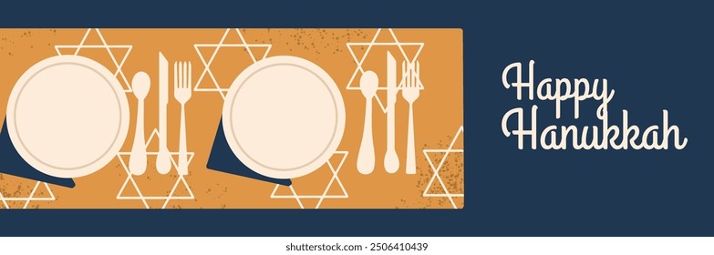 Happy Hanukkah horizontal banner with set table and cutlery. Vector hand draw illustration. 