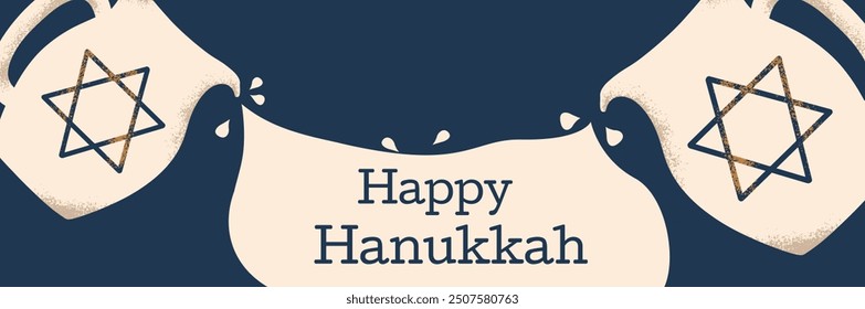 Happy Hanukkah horizontal banner with traditional symbols of the holiday. Vector illustration