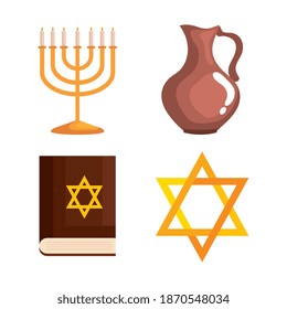 Happy hanukkah icon set design, holiday celebration judaism religion festival traditional and culture theme Vector illustration