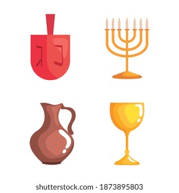 Happy hanukkah icon set design, holiday celebration judaism religion festival traditional and culture theme Vector illustration