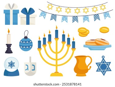 Happy Hanukkah icon set in flat style. Vector collection of festive symbols and decorations. Isolated on white background