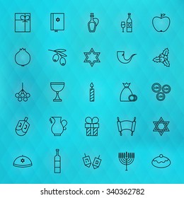 Happy Hanukkah Icons Set. Vector Collection of Jewish Winter Holiday Thin Line Icons for Web and Mobile over Blue Polygonal Blurred Background. Israel Traditional Bundle