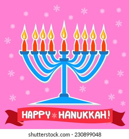 Happy Hanukkah illustration with blue menorah candlestick, red candles, flames and snow flakes on pink background. Hand written greeting text on red ribbon. For jewish holiday. Vector art, Eps 10.