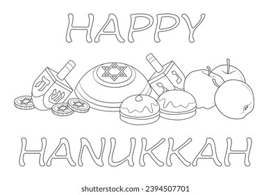 Happy Hanukkah Illustration. Coloring page. Line Art.