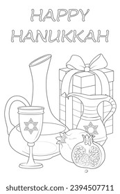 Happy Hanukkah Illustration. Coloring page. Line Art.