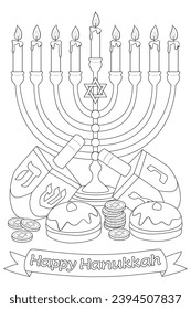 Happy Hanukkah Illustration. Coloring page. Line Art.