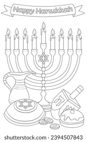 Happy Hanukkah Illustration. Coloring page. Line Art.