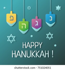 Happy Hanukkah illustration with dreidel and David stars 