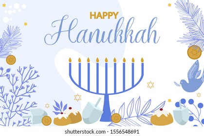 Happy Hanukkah illustration, Jewish Festival of Lights traditional holiday background. Editable vector illustration.