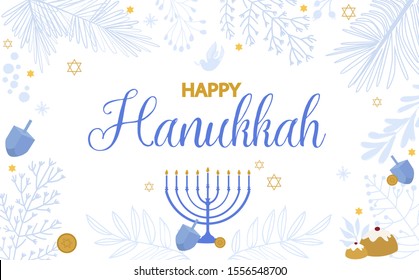 Happy Hanukkah illustration, Jewish Festival of Lights traditional holiday background. Editable vector illustration.