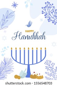 Happy Hanukkah illustration, Jewish Festival of Lights traditional holiday background. Editable vector illustration.