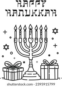 Happy Hanukkah illustration of Jewish holiday symbol menorah and candles gift line art style  background. Vector illustration. logotype, badge and icon, greetings card, poster