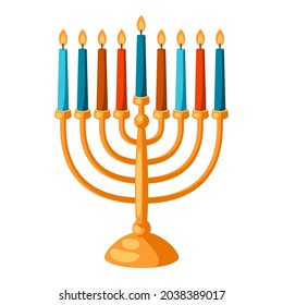 Happy Hanukkah illustration of menorah with candles. Holiday icon in cartoon style.