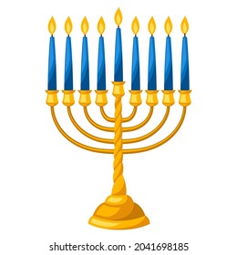 Happy Hanukkah illustration of menorah with candles. Icon in cartoon style.