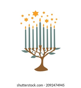 Happy Hanukkah illustration of menorah with candles. Icon in cartoon style.