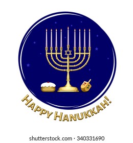 Happy Hanukkah illustration with menorah, sweet  doughnut and dreidel