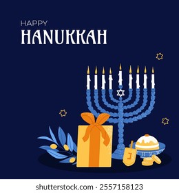 Happy Hanukkah illustration. Traditional jewish holiday greeting card design with hanukkah congratulation. Flat vector illustration for social media, card, banner, poster.