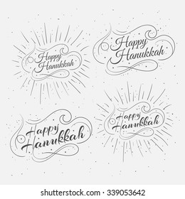 Happy Hanukkah inscription calligraphy set greeting card Old ikons, retro, vintage style. Vector illustration EPS 10