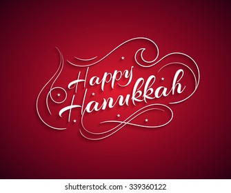 Happy Hanukkah inscription greeting card with hand-drawn typography calligraphy old design.Beautiful lettering white text a red background. Vector illustration EPS 10