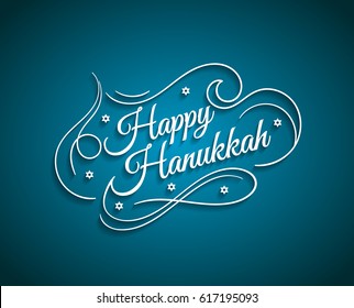 Happy Hanukkah inscription greeting card with hand-drawn typography calligraphy old design.Beautiful lettering white text blue background. Vector illustration EPS 10