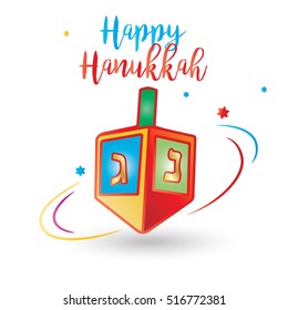 Happy Hanukkah inscription. Jewish Holiday card with Spinning top. Vector illustration.