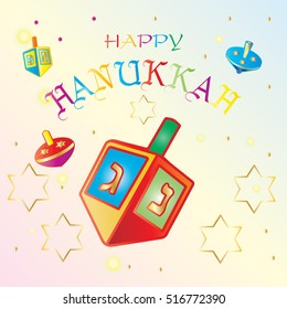 Happy Hanukkah inscription. Jewish Holiday card with Spinning top. Vector illustration.