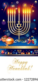 Happy Hanukkah invitation card with traditional Jewish Holiday Hanuka festival of lights symbols. Chanukah Menorah candelabrum candles, wood dreidel, chanuka donuts on festive bokeh lights background.