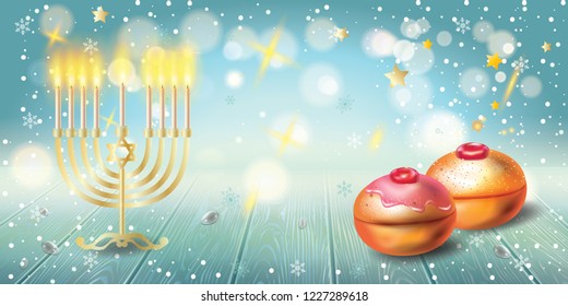 Happy Hanukkah invitation card with traditional Jewish Holiday Hanuka festival of lights symbols. Chanukah Menorah candelabrum candles, wood dreidel, chanuka donuts on festive bokeh lights background.