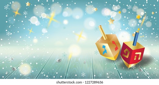 Happy Hanukkah Invitation Card With Traditional Jewish Holiday Hanuka Festival Of Lights Symbols. Chanukah Menorah Candelabrum Candles, Wood Dreidel, Chanuka Donuts On Festive Bokeh Lights Background.