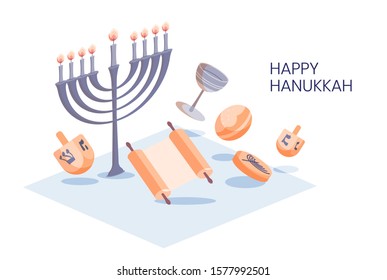 Happy Hanukkah isometric design greeting card template with menora, dreidel, chocolate coins and jelly donuts isolated on white.