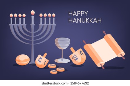 Happy Hanukkah isometric design greeting card template with menora, dreidel, chocolate coins and jelly donuts isolated on white.