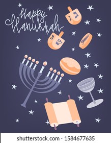 Happy Hanukkah isometric design greeting card template with menora, dreidel, chocolate coins and jelly donuts isolated on white.