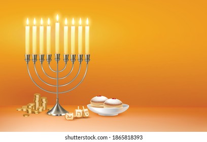 Frohes hanukkah jüdisches Fest mit Begrüßung mit menora candelabrum Lichter sechs spitzen david Sterne Symbole Vektorgrafik