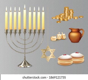 Happy hanukkah jüdische Fest-Set mit menora candelabrum Lichter sechs spitzen daviale Sterne Symbole Vektorgrafik