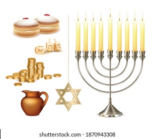 Happy hanukkah jewish festival celebration set with menora candelabrum lights six pointed david star symbols vector illustration