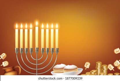 Happy hanukkah jewish festival celebration greeting with menora candelabrum lights six pointed david star symbols vector illustration