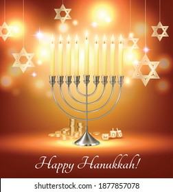 Happy hanukkah jewish festival celebration greeting with menora candelabrum lights six pointed david star symbols vector illustration