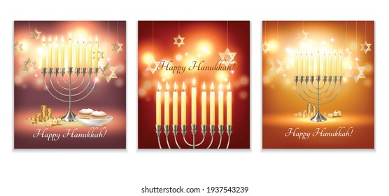 Happy hanukka jüdischen Festival feiern Grußbanner mit menora candelabrum Lichter sechs spitzen daviale Sterne Symbole Vektorgrafik