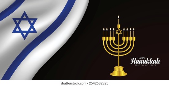 Feliz festival judaico de Chanucá com cartaz vetorial da bandeira de Israel