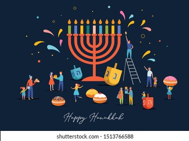 Счастливая Ханука, еврейский фестиваль огней, сцена с людьми, счастливые семьи с детьми