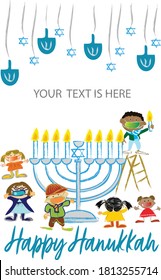 Happy Hanukkah, Jewish Festival of Lights. Diverse group of kids celebrating Hanukkah while wearing face masks during the Coronavirus (Covid-19) pandemic. 