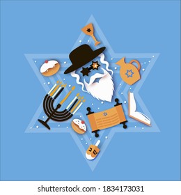 Happy Hanukkah. The Jewish Festival of Lights. Jew man character in david stars glasses. Festive menorah, dreidel. sweet traditional bake and golden lights. Space for text. Paper cut style. Vector