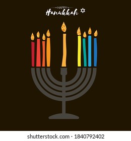 Happy Hanukkah. The Jewish Festival of Lights. Festive menorah on black background.