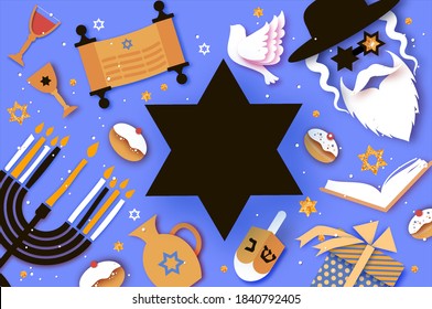 Happy Hanukkah. The Jewish Festival of Lights. Jew man character in david stars glasses. Festive menorah, dreidel. sweet traditional bake and golden lights. Space for text. Paper cut style.